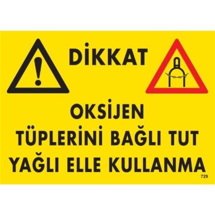 Dikkat Oksijen Tüplerini Bağlı Tut Yağlı Elle Kullanma  Uyarı Levhası
